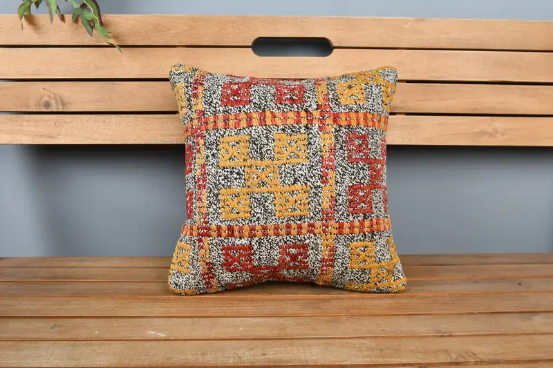 16x16 Yellow Pillow Cover, Cozy Throw Pillow Cover, Vintage Kilim Pillow, Throw Kilim Pillow, Turkish Kilim Pillow, Pillow Case - 5