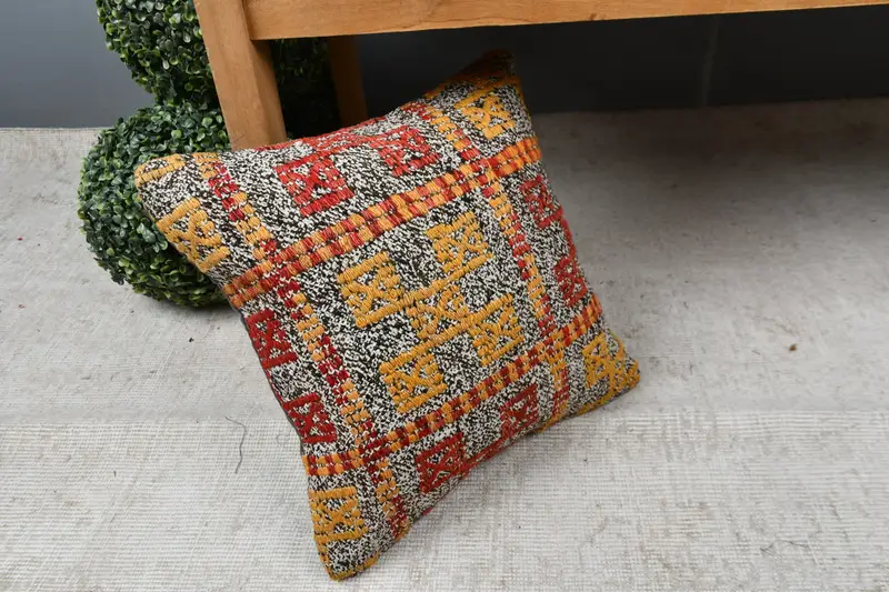 16x16 Yellow Pillow Cover, Cozy Throw Pillow Cover, Vintage Kilim Pillow, Throw Kilim Pillow, Turkish Kilim Pillow, Pillow Case - 7