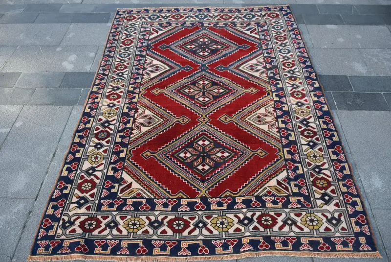 4.6x6.4 ft Rug, Turkish Vintage Rug, Red Oushak Wool Rug - 1