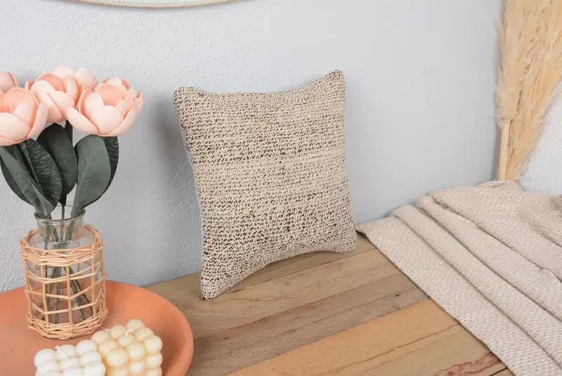 Almohada de tiro a rayas beige y marrón, cojín bordado vintage