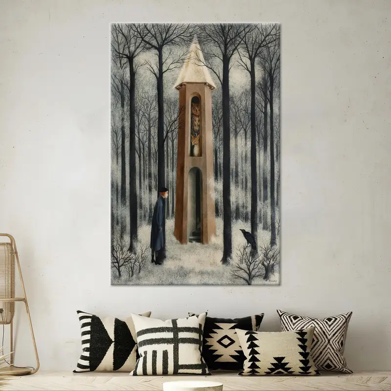 Lienzo del bosque nevado: zorro, cuervo, búho, humano, arte abstracto