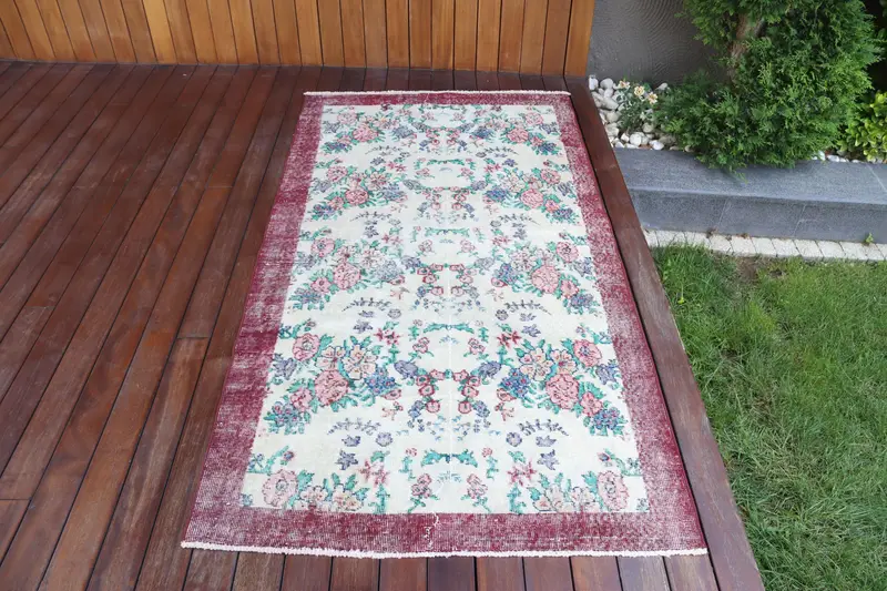 Vintage Accent Halı 3,4x6,6 ft, Kırmızı Mavi Puantiyeli Yün Halı - 1