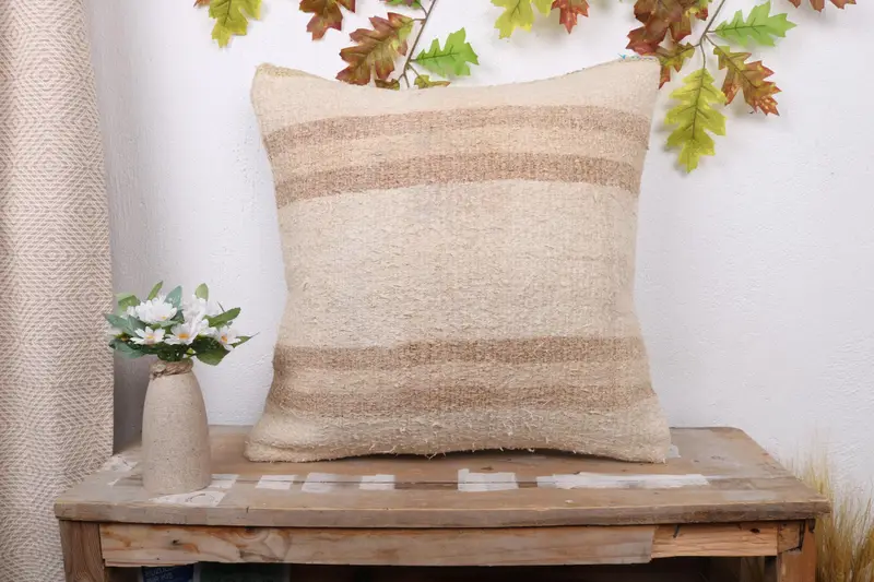 Beige & Brown Striped Throw Pillow, Handmade Embroidered Cushion