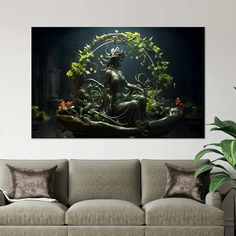 Elegante lienzo de estatua verde: la serenidad de la naturaleza en un estampado vibrante