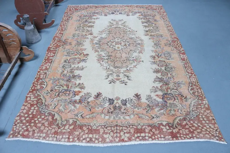 Türkischer 5,5x8,5 Fuß Teppich, Oushak Vintage Teppich, brauner massiver Wollteppich - 1