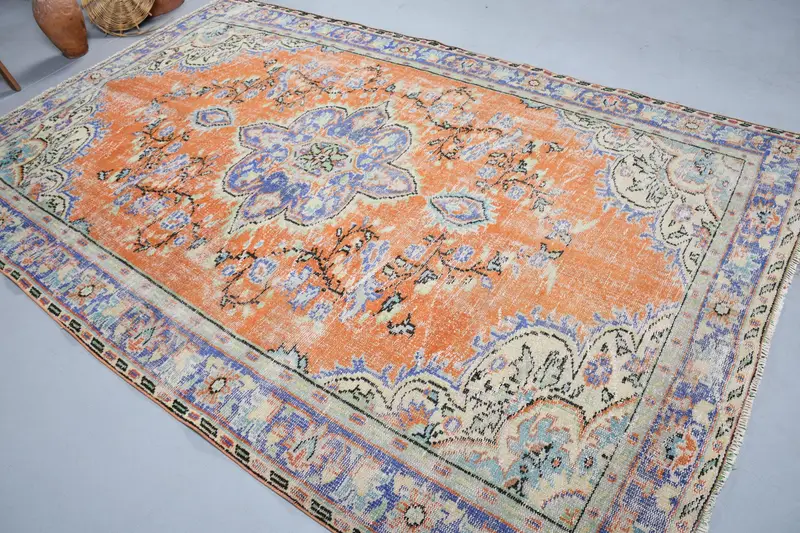 6.3x10.1 ft Türk Oushak Halısı, Turuncu Vintage Yün Halı - 1