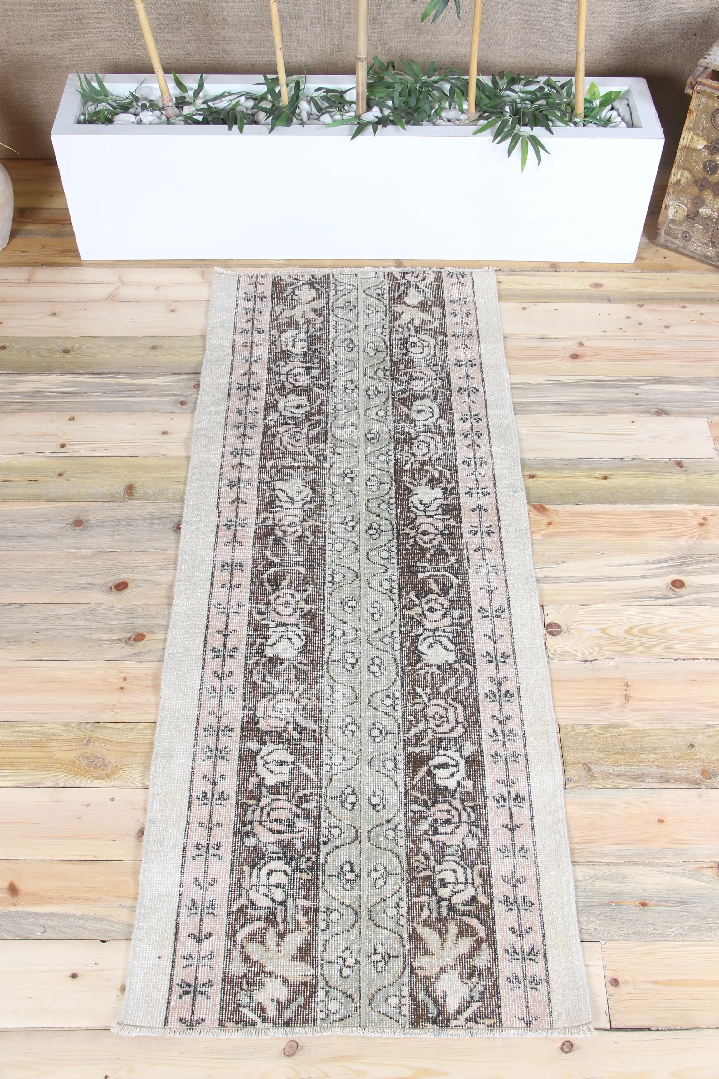 Vintage Turkish Rug, 2.6x6.6 ft Patchwork Rug, Brown Green Floral Rug - 1