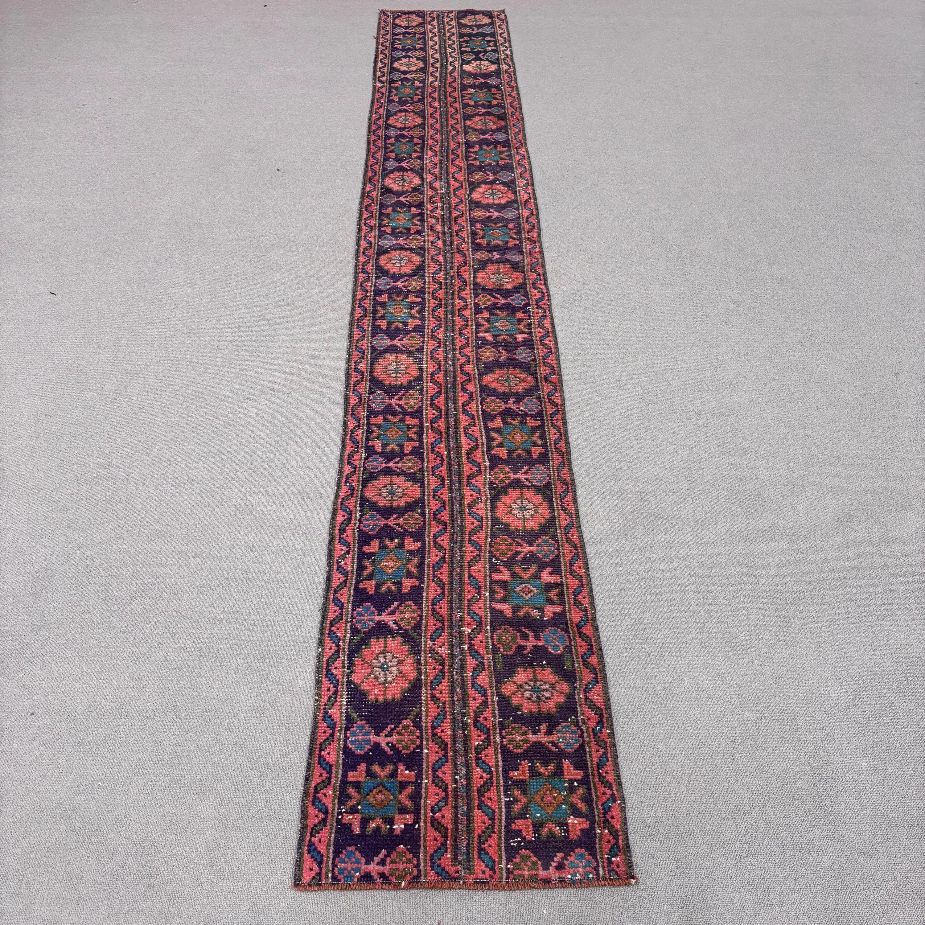 Vintage Turkish Runner Rug 1.5x10.6 ft, Red Blue Abstract Rug - 1