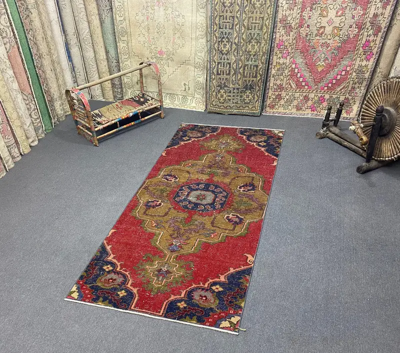 Kırmızı ve Sarı Halı, 3,3x7,5 ft Çiçek ve Geometrik