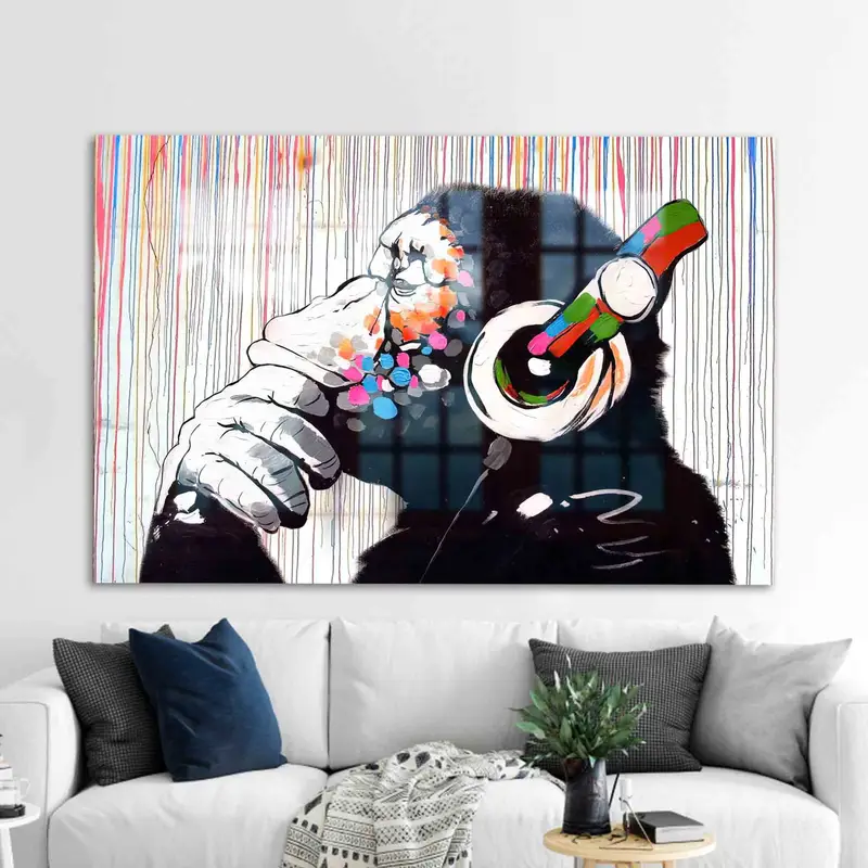 Elegant Printed Glass: Colorful Monkey Theme for Modern Music Lovers