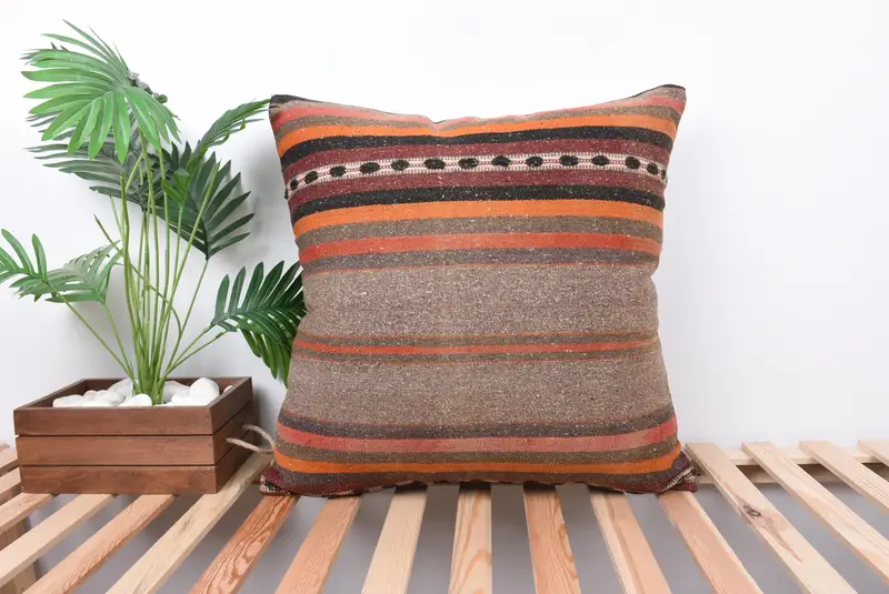 Art Deco Pillow Case, 24x24 Orange Pillow Sham, Cushion, Ethnical Kilim Rug Pillow, Boho Pillow Sham Cover, Home Decor Pillow - 1