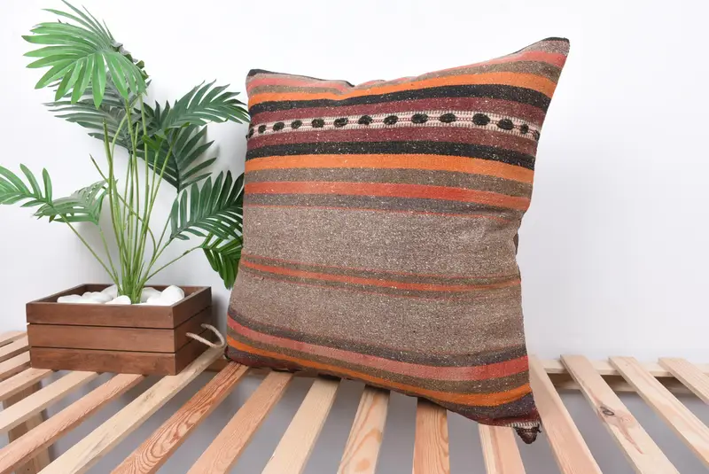 Art Deco Pillow Case, 24x24 Orange Pillow Sham, Cushion, Ethnical Kilim Rug Pillow, Boho Pillow Sham Cover, Home Decor Pillow - 5