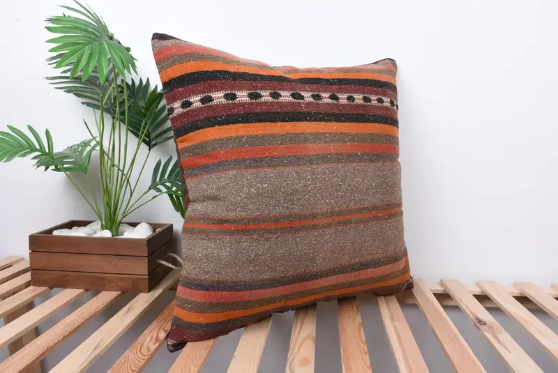 Art Deco Pillow Case, 24x24 Orange Pillow Sham, Cushion, Ethnical Kilim Rug Pillow, Boho Pillow Sham Cover, Home Decor Pillow - 4