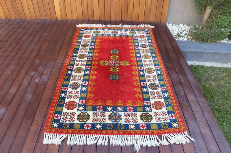 3.8x6.4 ft Halı, Vintage Türk Alan Halısı, Kırmızı Oushak Yün Halı - 1