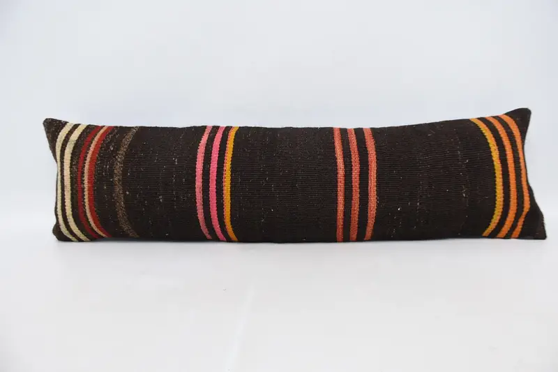 Almohada de tiro de rayas marrones y rojas, cojín rectangular vintage