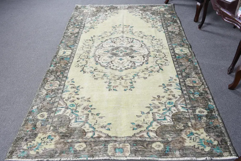 4.8x7.8 ft Vintage Halı, Türk Alan Halısı, Mavi Çizgili Yün Halı - 1
