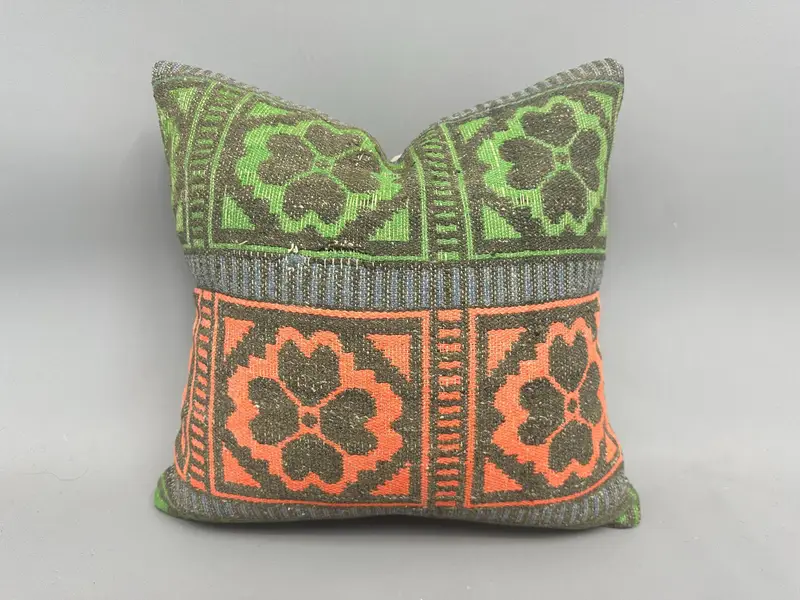 Green & Orange Embroidered Pillow, 18x18 Inch Decorative Pillow