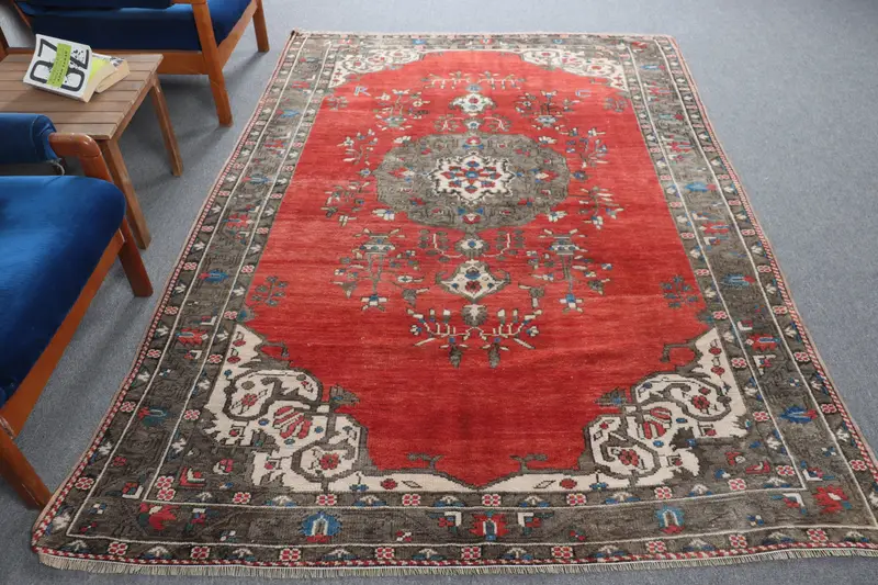 Vintage Rug, 5.7x8.2 ft Large Rug, Red Gray Oushak Wool Rug - 1
