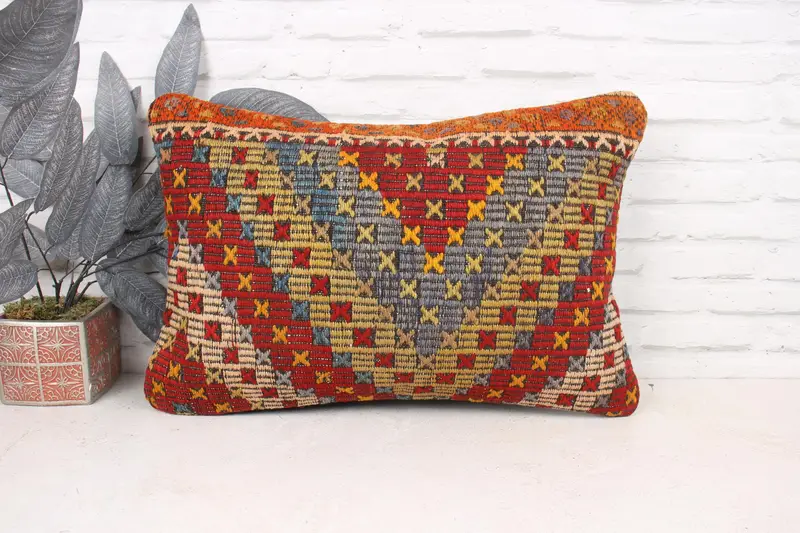 Vintage Kilim Throw Pillow, Kilim Cushion Sham, Antique Pillows, Armchair Pillow Case, Pillow, 16x24 Red Pillow Cover, Neutral Cushion - 1