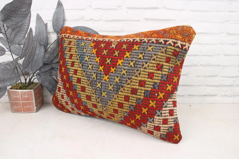 Vintage Kilim Throw Pillow, Kilim Cushion Sham, Antique Pillows, Armchair Pillow Case, Pillow, 16x24 Red Pillow Cover, Neutral Cushion - 4
