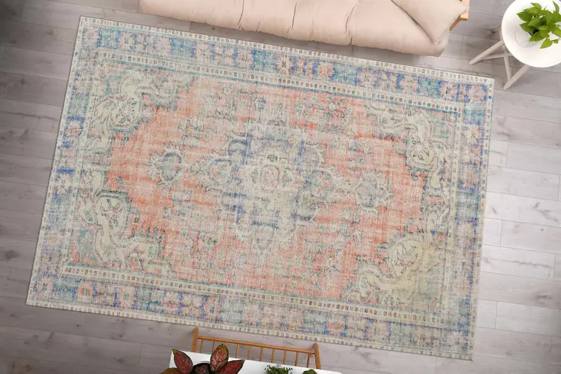 Orange Medallion Printed Rug: Bohemian Tribal Floral Design