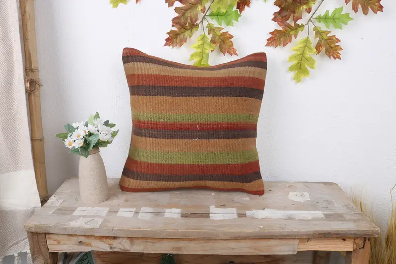 Cushion, Patio Pillow, Ethnic Pillow Cover Pillow Cover, 16x16 Green Pillow, Pillow for Couch, Throw Kilim Pillow, Vintage Kilim Throw Pillow - 1