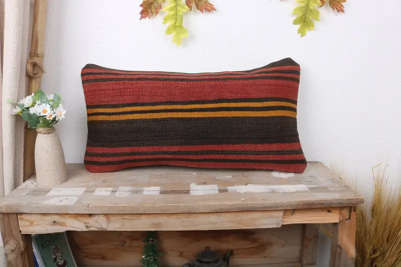 Pillow for Sofa, Aesthetic Pillow Cover, Pillow Cover, Boho Throw Pillow Case, Turkish Pillow, Handmade Kilim Cushion, 12x24 Red Cushion Case - 1