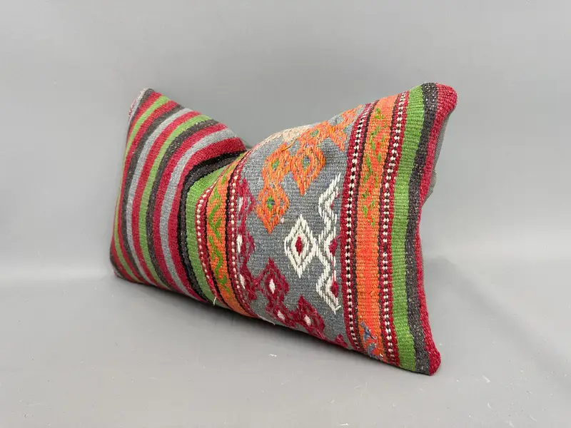 Cushion, Vintage Kilim Pillow, Turkish Kilim Pillow, 12x20 Green Pillow Case, Handmade Kilim Cushion, Cozy Throw Pillow Cover - 3