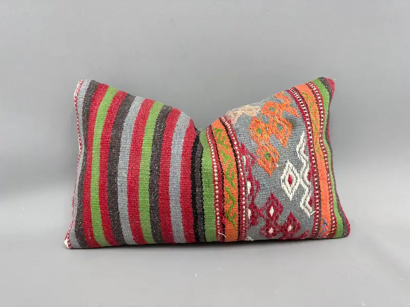 Cushion, Vintage Kilim Pillow, Turkish Kilim Pillow, 12x20 Green Pillow Case, Handmade Kilim Cushion, Cozy Throw Pillow Cover - 1