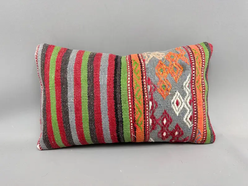 Cushion, Vintage Kilim Pillow, Turkish Kilim Pillow, 12x20 Green Pillow Case, Handmade Kilim Cushion, Cozy Throw Pillow Cover - 4