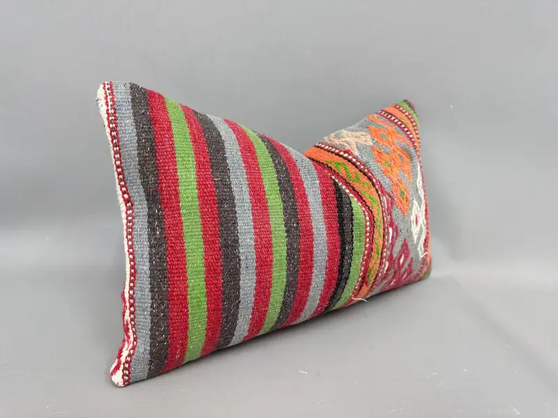 Cushion, Vintage Kilim Pillow, Turkish Kilim Pillow, 12x20 Green Pillow Case, Handmade Kilim Cushion, Cozy Throw Pillow Cover - 2