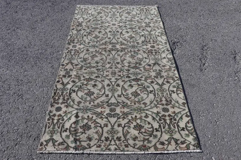 3.5x6.6 ft Oushak Halı, Vintage Türk Halısı, Yeşil Kahverengi Halı - 1