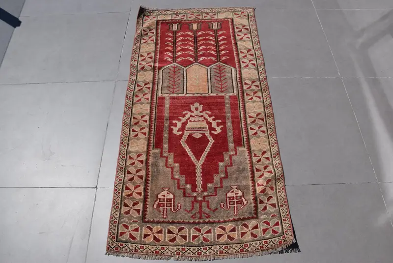 Turkish Rug, 2.4x4.8 ft Small Vintage Rug, Oushak Red Brown Bordered Rug - 1