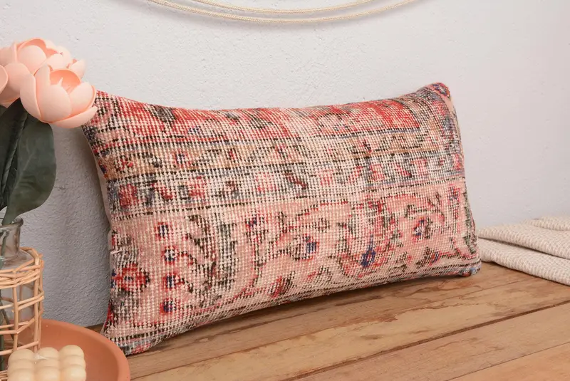 Rot & Beige Blumen besticktes Wurfkissen, Vintage handgemachtes Kissen