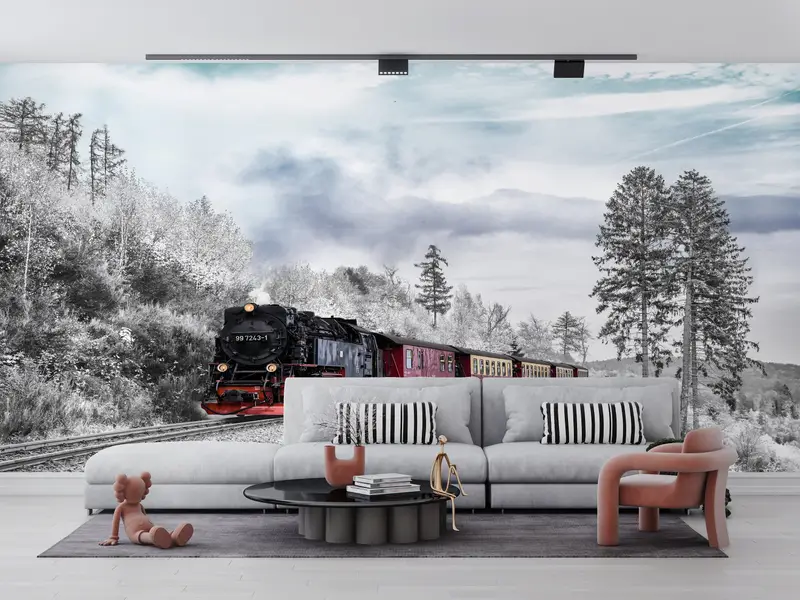 Nature Wallpaper, Tree Wall Mural, Train Mural, Snow Wall Print, Winter Wall Poster, Forest Mural, Railroad Wall Painting, - 3
