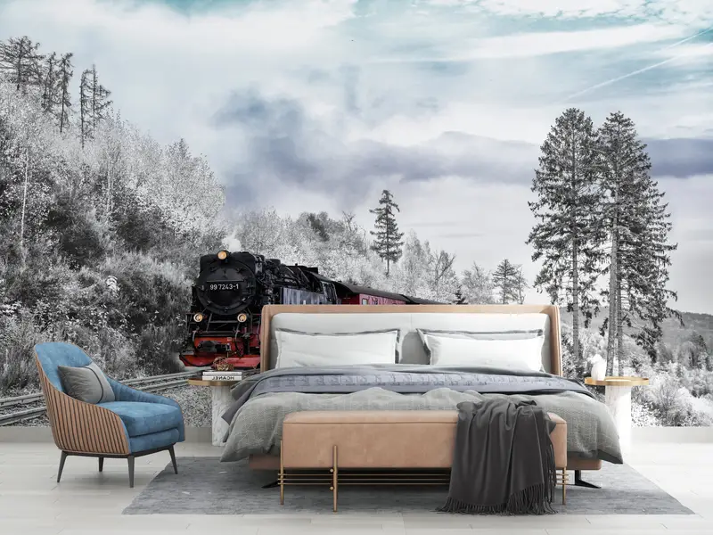 Nature Wallpaper, Tree Wall Mural, Train Mural, Snow Wall Print, Winter Wall Poster, Forest Mural, Railroad Wall Painting, - 7