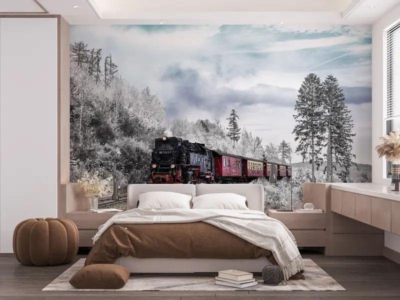 Nature Wallpaper, Tree Wall Mural, Train Mural, Snow Wall Print, Winter Wall Poster, Forest Mural, Railroad Wall Painting, - 2
