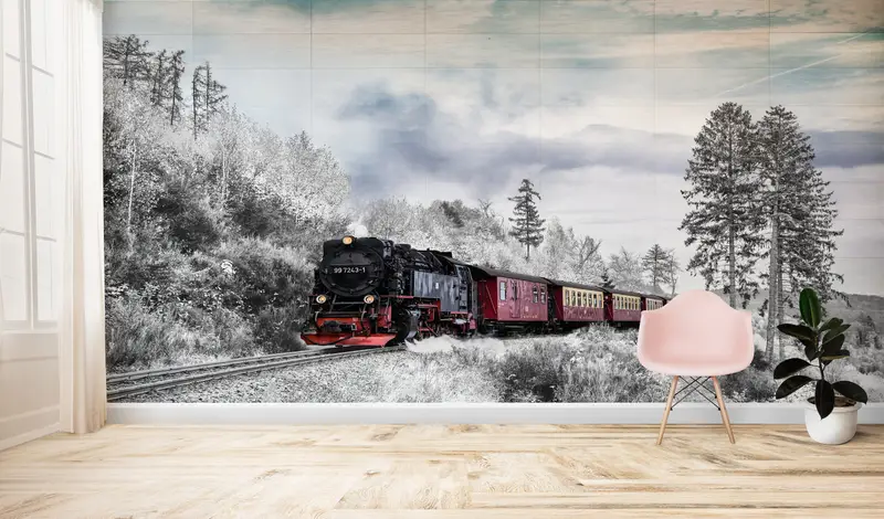 Nature Wallpaper, Tree Wall Mural, Train Mural, Snow Wall Print, Winter Wall Poster, Forest Mural, Railroad Wall Painting, - 6