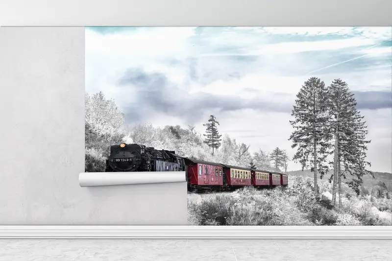Nature Wallpaper, Tree Wall Mural, Train Mural, Snow Wall Print, Winter Wall Poster, Forest Mural, Railroad Wall Painting, - 1