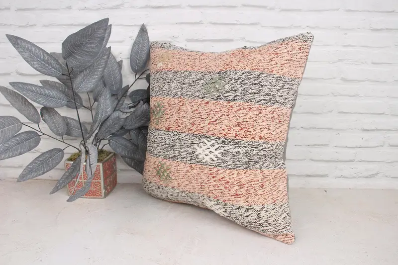 Decorativa Bolster Pillow Sham, caja de cojín apagada, caja de almohada, almohada para sofá, Sala de almohada rosa de 20x20, Shilim Cushion Sham, almohada de kilim vintage vintage - 4
