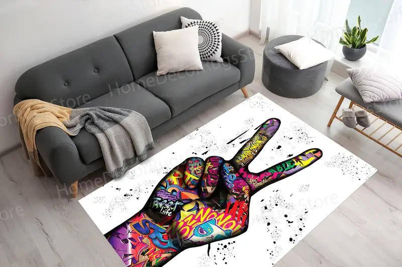Alfombra estampada contemporánea: diseño colorido del signo de la mano de la paz