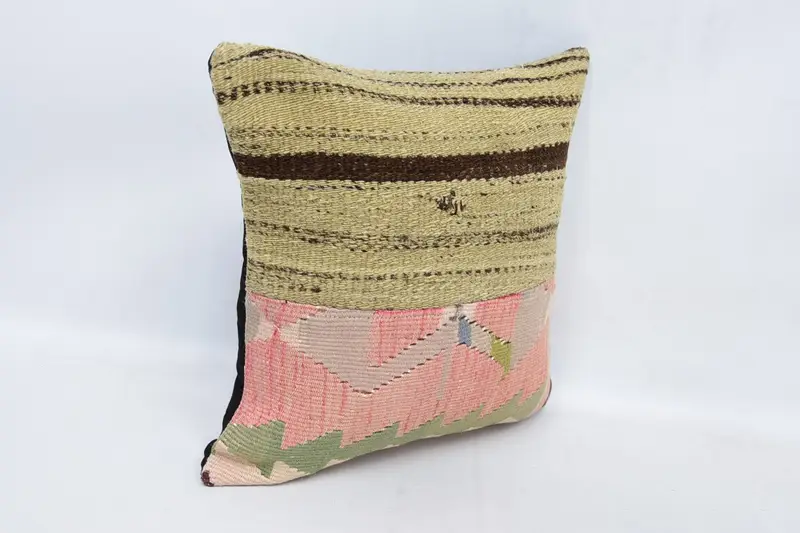 Turkish Pillow, Natural Pillow Sham, Ethnical Kilim Rug Pillow, Vintage Kilim Throw Pillow, Cushion, 16x16 Beige Pillow Case - 3