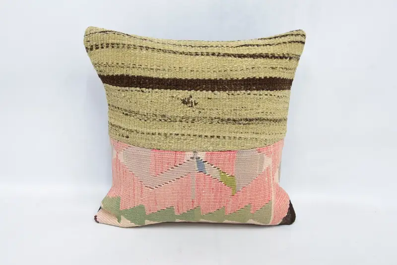 Turkish Pillow, Natural Pillow Sham, Ethnical Kilim Rug Pillow, Vintage Kilim Throw Pillow, Cushion, 16x16 Beige Pillow Case - 1