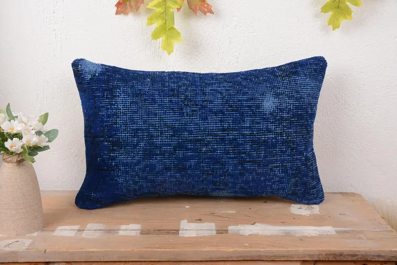 Blue Southwestern Embroidered Pillow, 12x20 Vintage Throw Pillow
