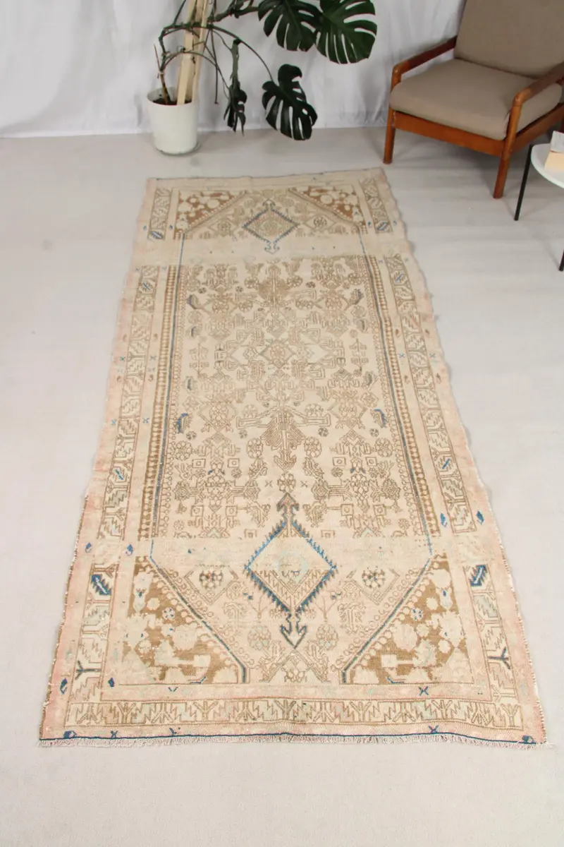 Türkischer Teppich, 3,9 x 9,4 Fuß großer Teppich, braun-blauer Oushak-Wollteppich - 1