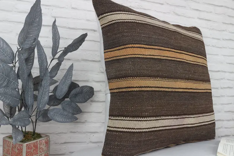 Turkish Kilim Pillow, Cushion Case, Pillow for Sofa, Ethnical Kilim Rug Pillow, 28x28 Brown Cushion, Outdoor Patio Pillow Cover, Chair Cushion Cover - 3