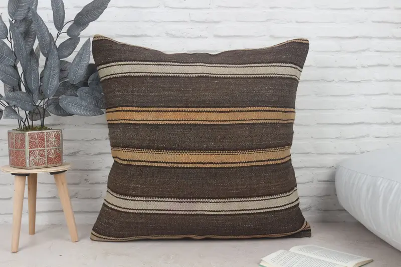 Turkish Kilim Pillow, Cushion Case, Pillow for Sofa, Ethnical Kilim Rug Pillow, 28x28 Brown Cushion, Outdoor Patio Pillow Cover, Chair Cushion Cover - 1