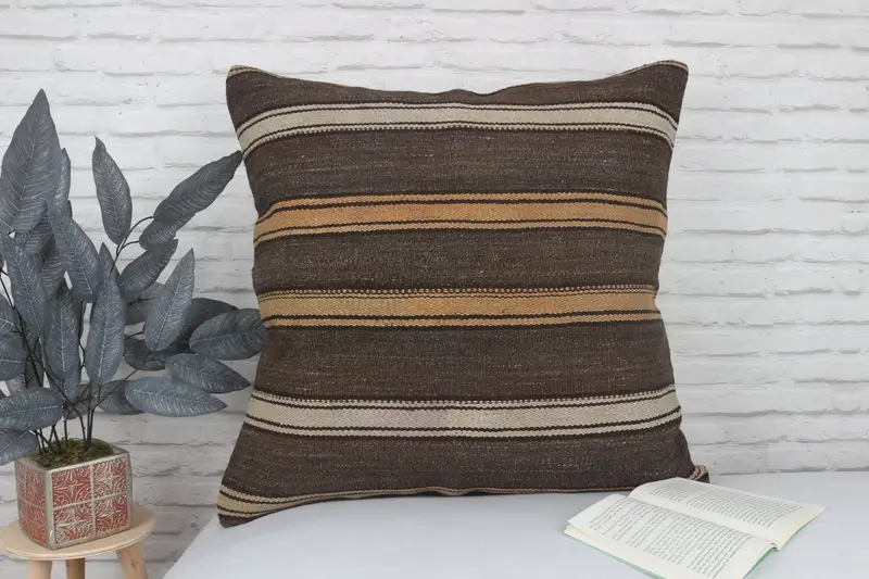 Turkish Kilim Pillow, Cushion Case, Pillow for Sofa, Ethnical Kilim Rug Pillow, 28x28 Brown Cushion, Outdoor Patio Pillow Cover, Chair Cushion Cover - 2