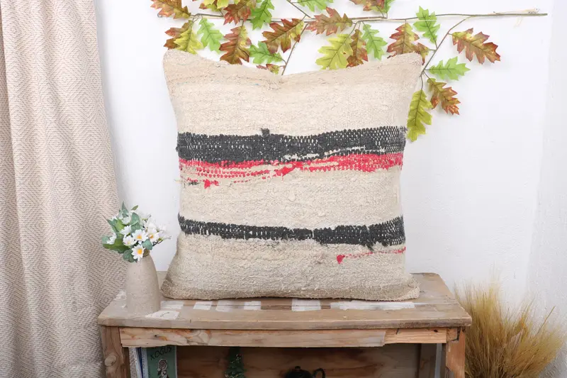 Ethnical Kilim Rug Pillow, 24x24 Beige Pillow Sham, Kilim Cushion Sham, Pillow Case, Antique Pillows, Nomadic Pillow Case - 1