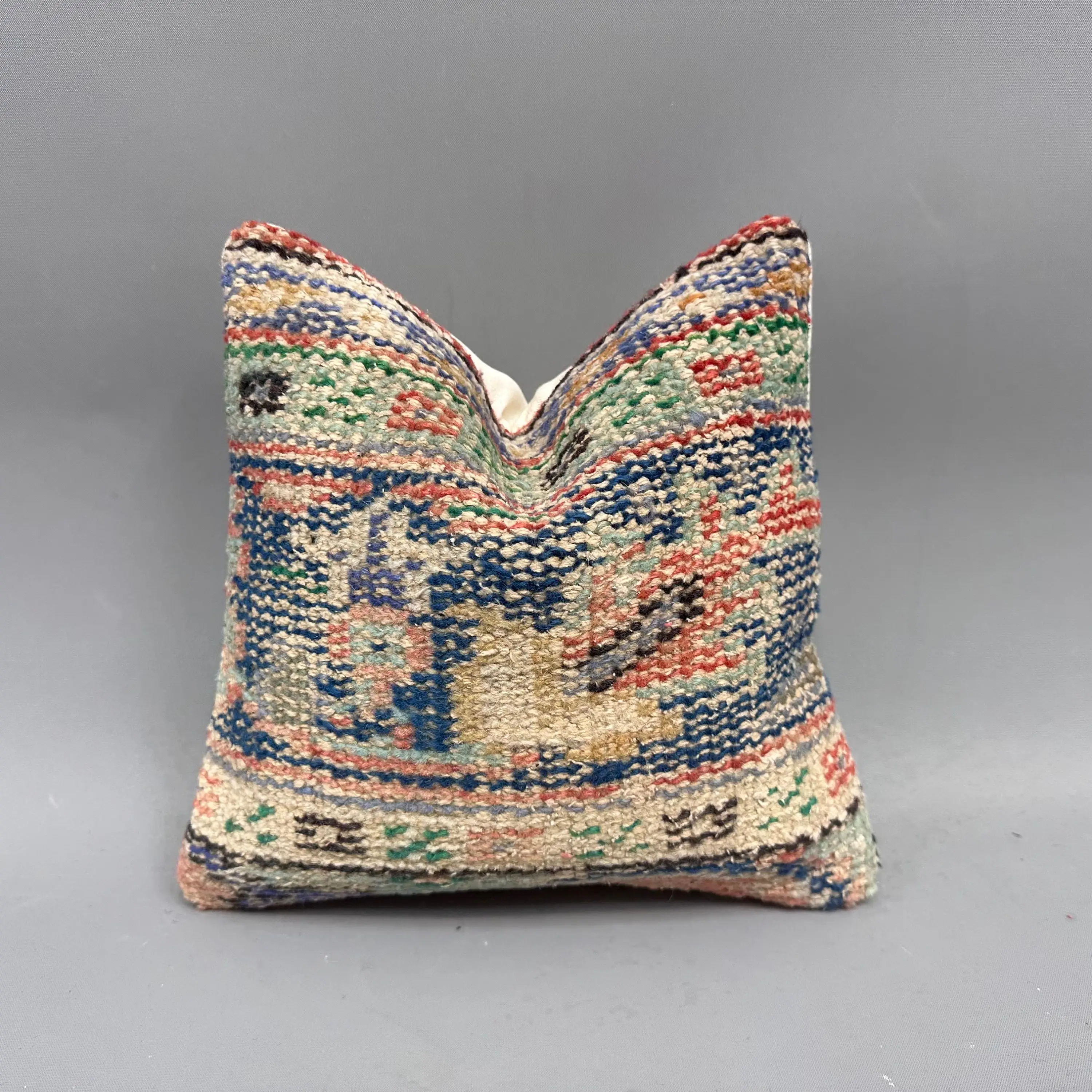 Embroidered Southwestern Pattern, 12x12 Inch Blue & Beige Pillow - 1